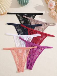7pcs Women Multi-Color Romantic French Style Mature Charm Elegant Lace Ribbon Low-Waist Sexy G-String Underwear, All Season - Multicolor - View 3