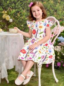 Seven Princess 1 pièce Robe d'été décontractée et confortable pour filles, à imprimé floral, col rond, manches courtes, taille cintrée et coupe évasée