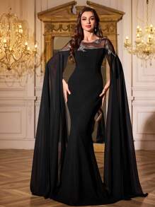 Vestido de noche de gasa con ajuste ceñido, cuello redondo, mangas de pieza flotante y bordado de lentejuelas para mujer, SUPGIR