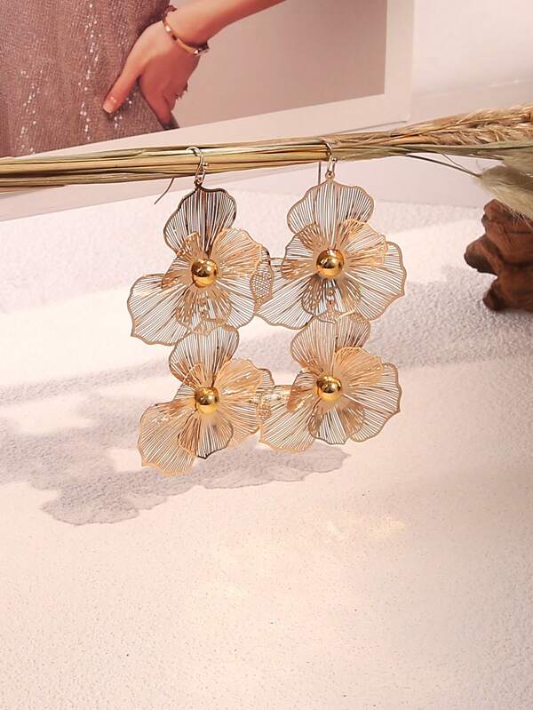 1 Pair Fashion Multilayer Flower Design Statement Long Dangling Earrings, Gold Color, Elegant For Daily Wear