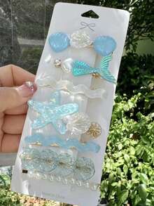 5入女款優雅簡約清新海洋風美人魚尾、海星、貝殼、仿珍珠與水鑽髮夾，適用於日常、學校、海灘、工作、派對、度假、生日禮物、返校季髮飾髮卡 - 珍珠款 - 查看 2