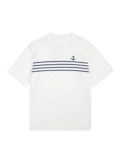 春夏新款男女通用休闲简约欧美风商务中性复古刺绣Logo海军蓝条纹宽松圆领针织衫