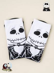 Disney 1 par, unisex, calcetines de media caña con dibujo de Jack de Disney, contraste negro y blanco, tejido suave, ajuste elástico, estilo gótico oscuro, set de calcetines de pareja/mujer, edición limitada para Pascua/verano/Halloween/pareja/mujer/calcetines blancos