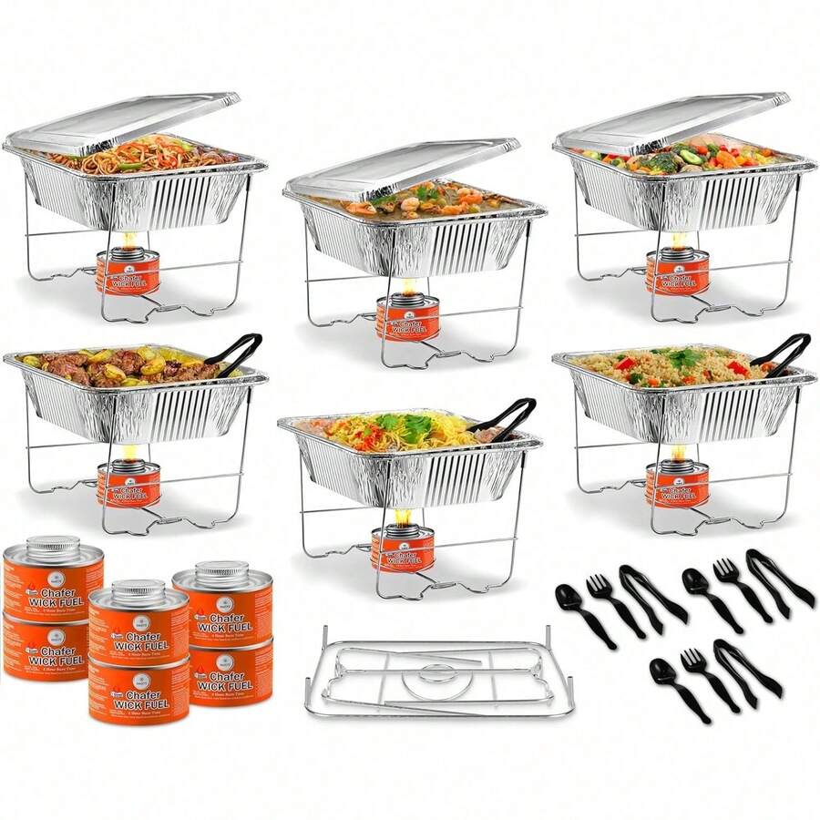Disposable Chafing Dish Buffet Set, Foldable Rack For Storage Convenience, 6 Half Size Pans (9x13) Food Warmers For Parties & BBQ's, Catering Buffet Servers And Warmers Set For Indoor/Outdoor Events - 銀色 - 查看 1