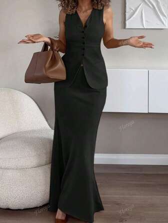 2 pièces Ensemble: Débardeur ajusté à col en V kaki doublé et longue jupe élégante taille haute forme trapèze, vêtements de bureau et de navette