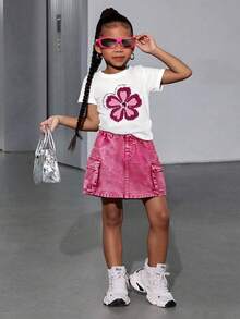 女童花朵刺绣短袖上衣和迷你裙两件套