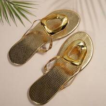 Women Flat Sandals Stylish Gold Toe Post Slip-On Casual Versatile Outdoor Beach Flip Flops - Gold - View 16