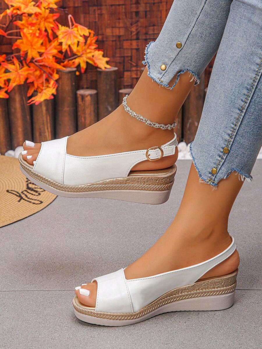 Sandalias de cuña de plataforma gruesa para mujer, nuevas para el verano, con correa de hebilla de patchwork blanco, de moda y versátiles, de tacón alto con punta abierta, estilo de vacaciones para uso casual en exteriores y playa, con efecto elevador - Blanco - Ver 1