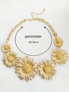 ZAA Exaggerated Retro Sun Flower Necklace Earrings European And American Party Metallic Luxury Flower Earrings Neck Chain Set Gift For Best Friends - Gold - View 3