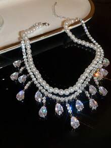 A Double Zirconia Pearl Necklace Simple Elegant Necklace - White - View 3