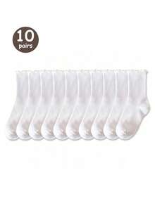 5 Pairs Women's Solid Color Ruffle Edge Mid-Calf Socks, Spring/Summer - White - View 12