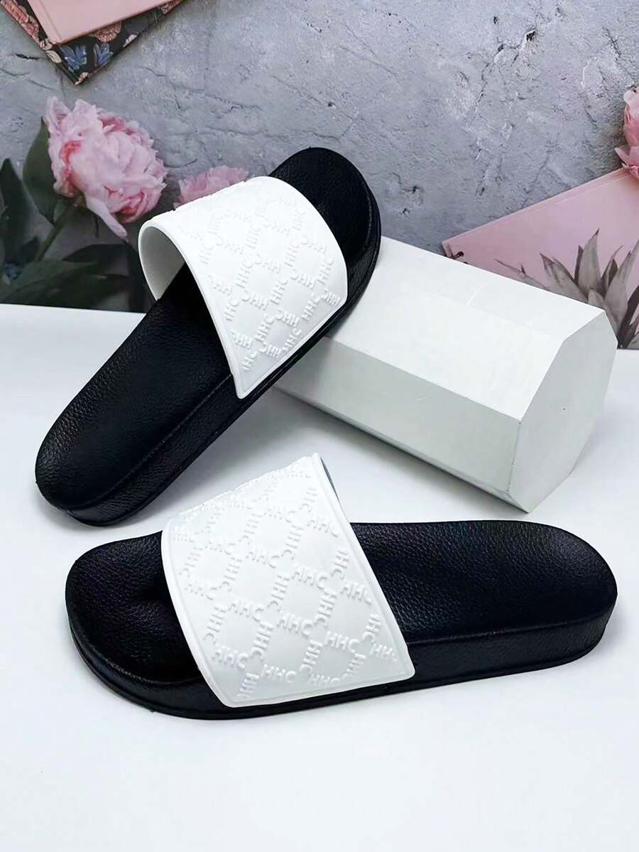 女士时尚拖鞋，纯色字母印花，橡胶鞋底，柔软轻便，室内家居拖鞋，舒适休闲户外凉鞋，适合海滩、派对、散步等场合。