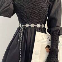 Accesoriu rochie cu lanț cu talie cu disc rotund metalic pentru femei, centură decorativă de modă versatilă de purtat cu cămăși, blugi, potrivită pentru primăvară, vară, toamnă, iarnă