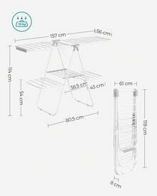 SONGMICS Tendedero de Ropa, Tendedero de Ropa Plegable de 2 Niveles, Tendedero Grande, con Alas Ajustables en Altura, 33 Barras de Secado, Pinzas para Calcetines, Blanco y Gris - Blanco - Ver 2