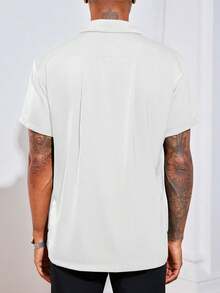 Runcati Mens Luxury Satin Silk Dress Shirts Casual Button Down Short Sleeve Prom Party Wedding Shirt - 白色 - 查看 2