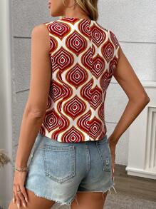 Damen elegantes, lässiges, vielseitiges bedrucktes Trägershirt-Top, Stoff mit gewebtem Diamantmuster, Fake-Tasche, für den Alltag & Urlaub, Frühling/Sommer/Herbst