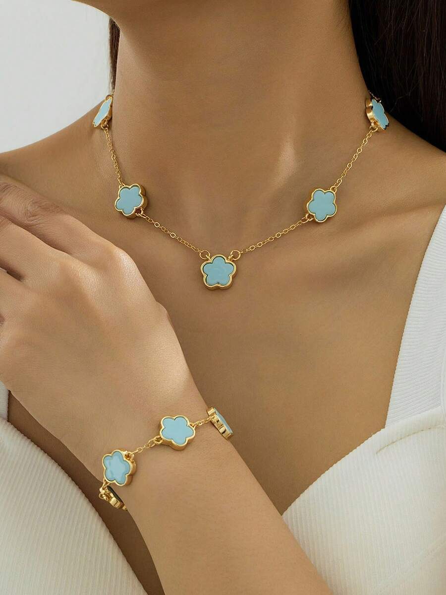 1 Set Colorful & Stylish Blue Lucky Clover Flower Beaded Bracelet + Necklace - Blue - View 1