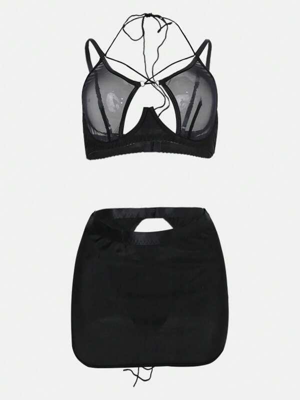Conjunto de lencería sexy para mujer que incluye una liga con soporte de acero, un sostén con bordado floral y 3 piezas en total