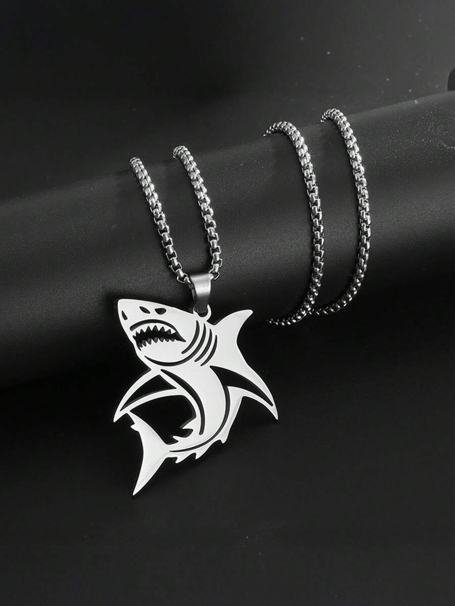 1 buc. Colier cu pandantiv punk Fierce Shark din oțel inoxidabil, accesoriu elegant pentru îmbrăcăminte de stradă, colier decorativ versatil - Argint - Vizualizare 1