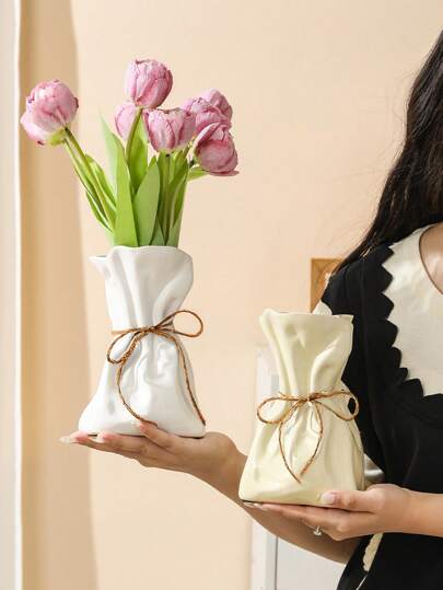 1PC Boho Farmho Linen Inspired Ceramic Like Plastic Vase Textured Surface, Home Centerpiece Wedding Ho warming Unisex Rustic Tabletop ation Room Flower Glass view 5