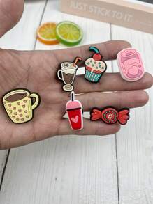 6-Piece Set Coffee And Candy Cartoon Patterns Sandals Accessories DIY Customizable Slipper Decoration, Suitable For Beach, Holiday, Birthday Gifts