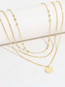 2pcs Fashionable Personalized Disc Pendant Multilayer Necklace Set For Women [Handmade Chain Length Customizable, Bead Quantity Varies] - Gold - View 2