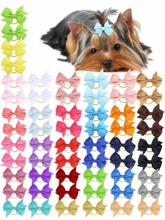 20Pcs Mixed Color Puppy Dogs Adorbale Hair Barrettes Bows With Rubber Bands,Hair Accessories Bow Pet Grooming Cute Pet Small Hair Bowknot Suitable For Daily Wear