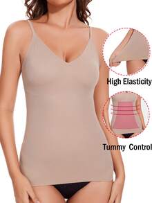 Womens Tummy Control Shapewear Tank Tops Soft Shaping V-Neck Compression Tank Tops Body Shaper Camisole - Beige - View 2