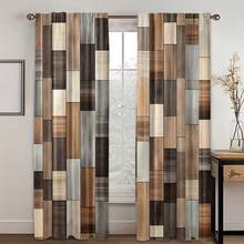 2pcs Vintage Wood Grain Pattern Digital Print Window Curtain, Rod Pocket Design For Easy Hanging, Privacy Protection Curtain Suitable For Bedroom, Living Room, Kitchen, Study, Dining Room, Dorm Rooms - Multicolor - View 1