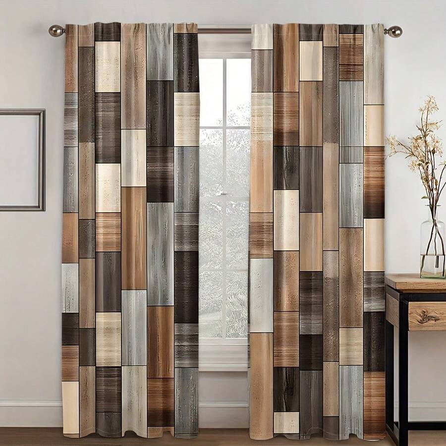 2pcs Vintage Wood Grain Pattern Digital Print Window Curtain, Rod Pocket Design For Easy Hanging, Privacy Protection Curtain Suitable For Bedroom, Living Room, Kitchen, Study, Dining Room, Dorm Rooms - Multicolor - View 1