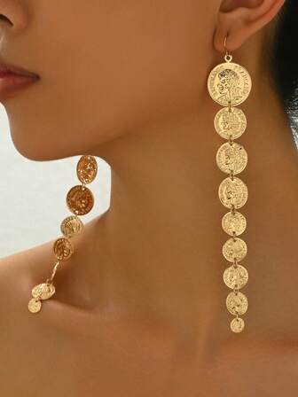 1 Pair New Creative Coin Shaped Elegant Long Tassel Dangle Earrings, Fashionable & Charming, Suitable For Daily Wear