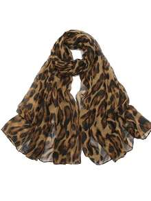 1pc American Chic Vintage Leopard Print Scarf, Luxurious Silky Long Scarf Shawl, Lightweight Linen Feel Neckerchief - Brown - View 4
