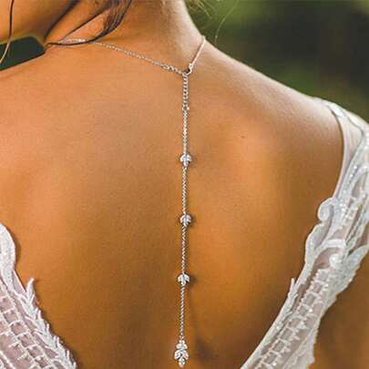 Luxury Floral Zirconia Bridal Back Chain Necklace, Long Pendant Women's Summer Full Zirconia Bridal Body Chain Wedding Jewelry, Summer