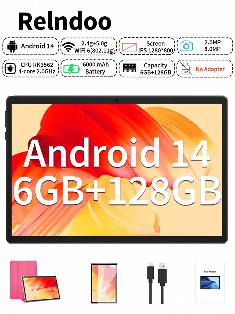 Relndoo 2025年最新 10インチ Android 14タブレット ケース付き