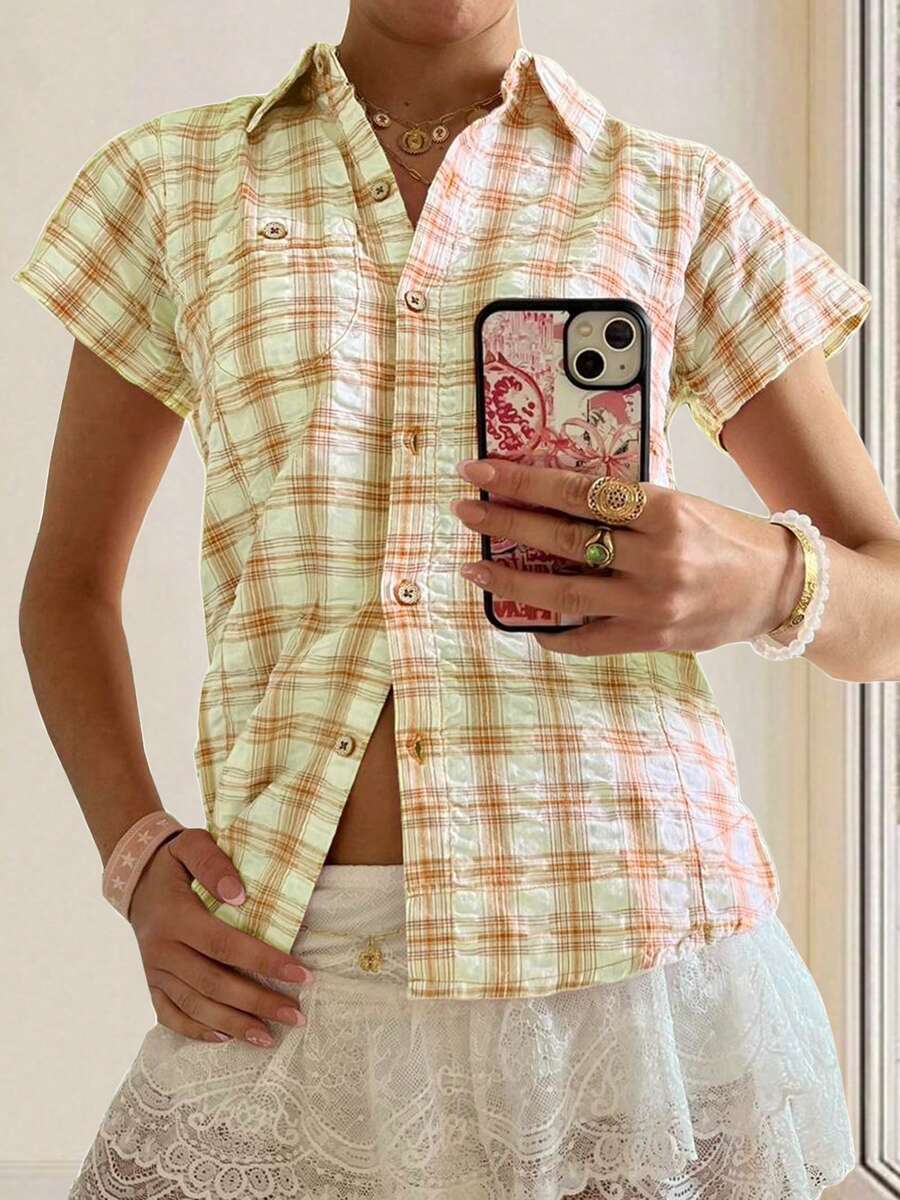 Women's Button Down Shirt Casual Contrast Color Plaid Lapel V Neck Short Sleeve Tops For Summer