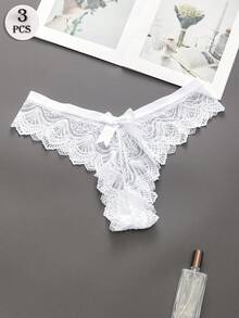 3pcs/Set Plus Size Women Lace Thong Panties With Bow Accent, Sexy Transparent Solid Color Elastic Comfortable Ladies G-String Underwear With Bowknot Back - Multicolor - View 4