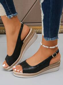 Women's New Summer Thick Bottom Wedge Sandals, Black Snake Skin Decor Buckle Strap, Fashion Versatile Peep-Toe High Heel Sandals, Vacation Style Outdoor Beach Casual Elevated Sandals - Black - View 3