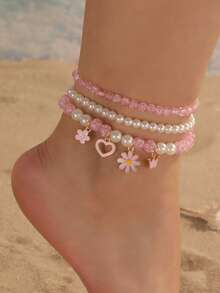 3pcs Kids Daisy Flower Heart Butterfly Beaded Anklets Beach Vacation Decor - Multicolor - View 10