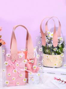 10-1pc Simple Double Handle Waterproof Flower Gift Tote Bag, Foldable Flower Bouquet Packaging Hand Carry Bag, Delicate Flower Box With Handle For Gift Wrapping, Small PVC Bag, Mini Transparent Gift Bag With Handle, Plastic Gift Bag With Handle Transparent Handbag, Rectangular Wedding Gift Packaging Bag - Multicolor - View 10
