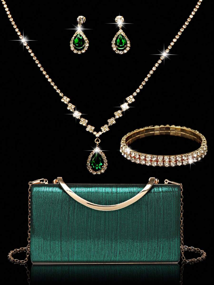 Ladies' Diamond Jewelry Sparkling Luxury Diamond Jewelry Set Sparkling Necklace Earrings Bracelet Set Personalized Satin Silk Box Bag Handbag Fashion Banquet Bag Handheld Banquet Bag Handheld Wallet Elegant Handheld Banquet Bag Ladies' Ball Handbag Ladies' Bridal Banquet Bag Ball Handbag Metal Chain Handbag Wedding Party Handbag Cocktail Party Wedding New Wallet Banquet Bag - Green - View 1