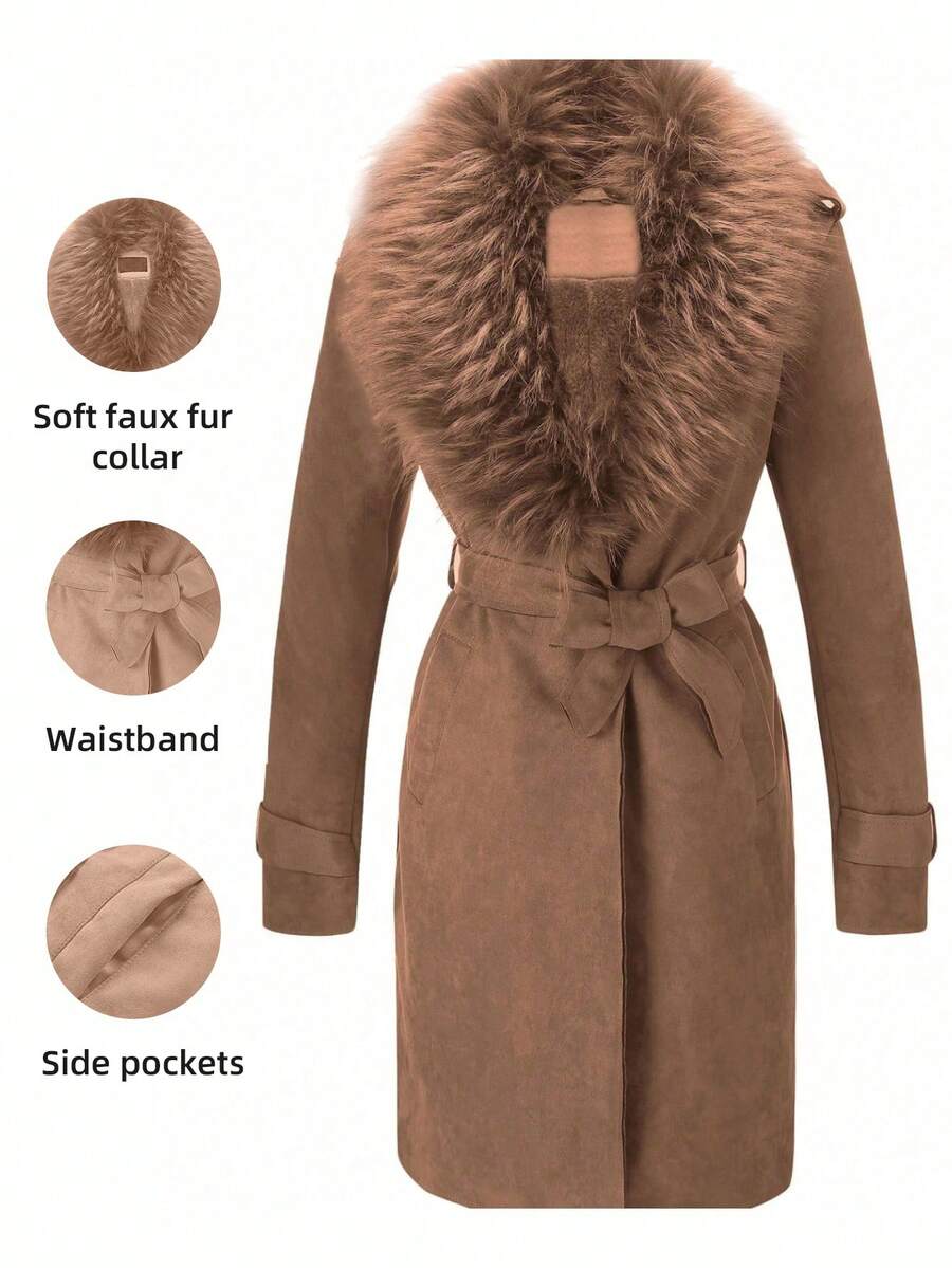 Abrigo elegante de longitud media con cuello y cinturón para la cintura para trayectos de otoño e invierno