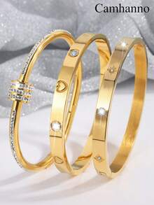 3 Pcs Exquisite Fashion Neutral Stainless Steel Rotating + Single Row Drill + Embossing Stars Bangle Combination Suitable For Couples To Participate In Banquet Events To Wear - Gold - View 11
