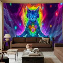 1 pièce Tapisserie murale imprimée avec un style de méditation mandala lumineux, un cosmos planétaire et un chat, en matériau polyester moderne. Décoration murale pour chambre, salon, bureau. Facile à installer.