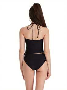 Charming Women Bikini Set, Neck Hanger Sleeveless Backless Crop Tops Solid Color Panties For Summer, Women Clothing