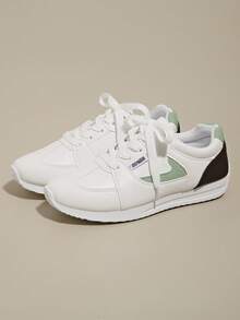 Women's Flat Lace-Up Non-Slip Forrest Running Shoes, Suitable For Spring & Autumn, Plus Size 35-43, White Leather Upper, Casual Sports Sneakers For Hiking, Dancing, Fitness - Black - View 2