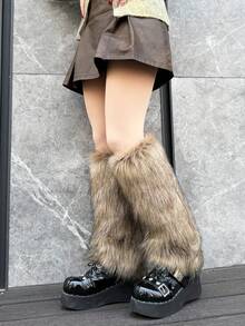 1 paire de jambières en fausse fourrure marron, couleur unie, style Y2K, toutes saisons, douillettes