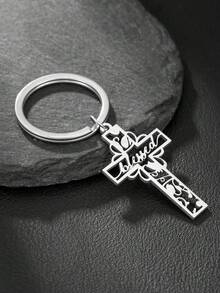 1pc Hollow Cross Baptism Charm Keychain - Silver - View 3