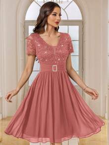 MIUSOL Vestido de fiesta acampanado de gasa con cuello en V profundo, encaje floral con lentejuelas y bajo plisado, para fiesta de graduación, boda, evento - Rosa vieja - Ver 5