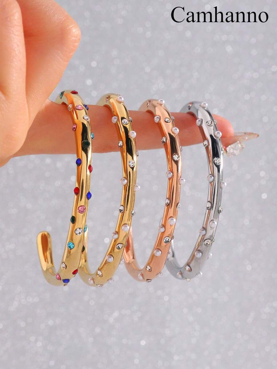 Camhanno 1 Chiếc Vòng Tay Bằng Thép Không Gỉ Nhiều Màu Đính Đá Rhinestone Dành Cho Nữ Thích Hợp Để Tặng Bạn Gái Trong Những Ngày Lễ - Nhiều màu - Xem 1