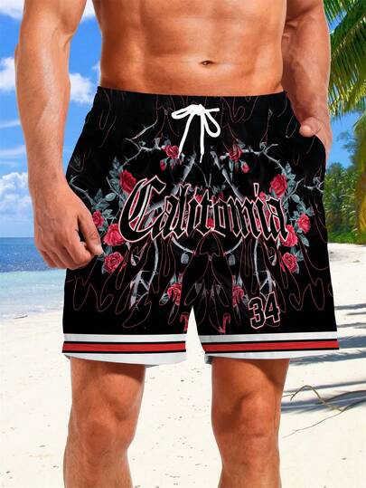 男士夏季时尚玫瑰和火焰图案和 34 号印花短裤，带口袋，时尚别致的抽绳短裤，适合运动和街头休闲装